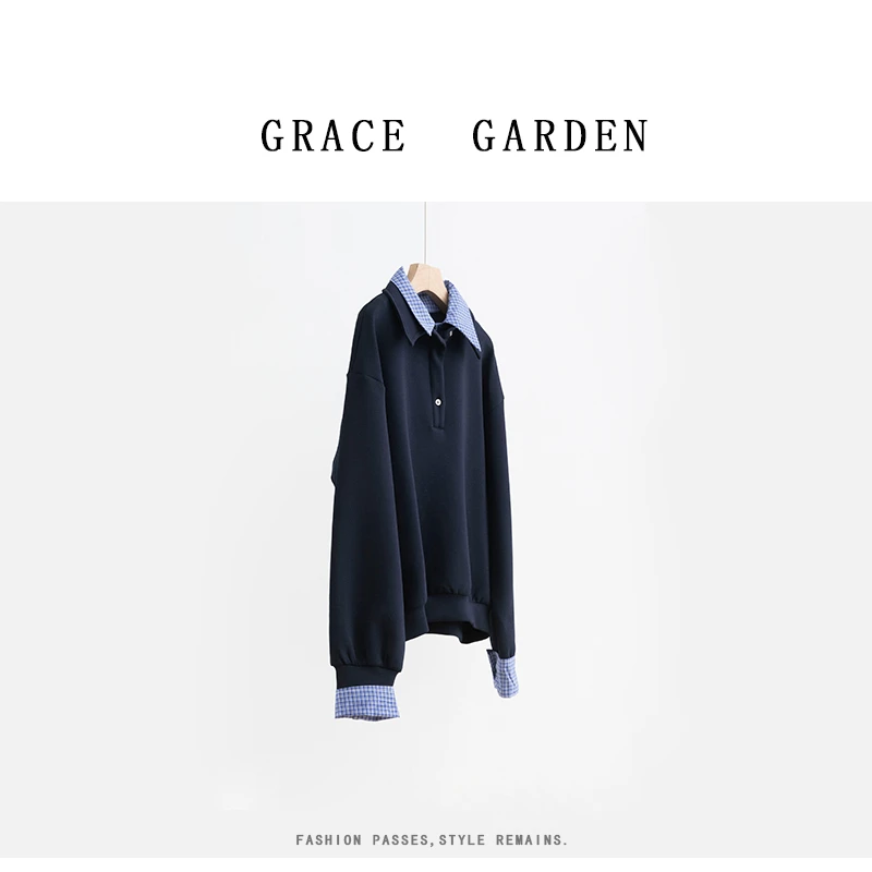 GRACE GARDEN【张小斐！】撞色翻领假两件学院风卫衣NT4I0707