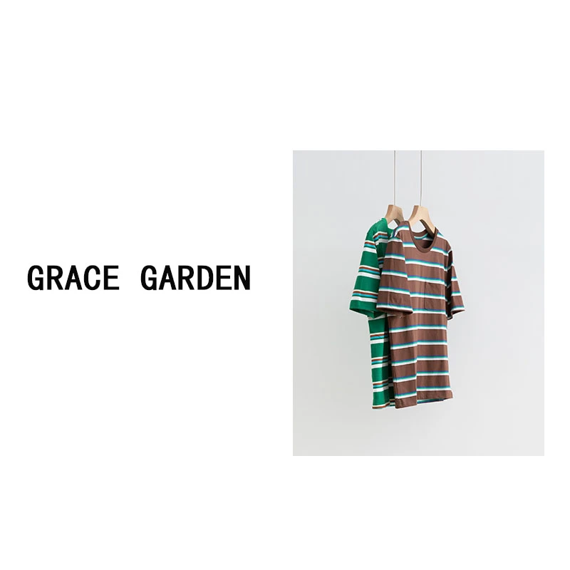 GRACE GARDEN【绿岛花园！】圆领撞色条纹休闲百搭T恤NT4G0616
