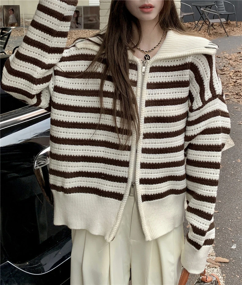 《藏青红色系集合》秋季新款宽松百搭女针织衫毛衣外套