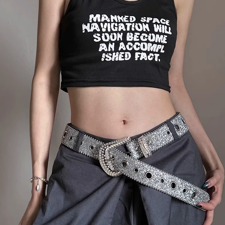 y2k辣妹镶钻腰带女士设计感小众休闲百搭裤带美式个性潮流宽皮带