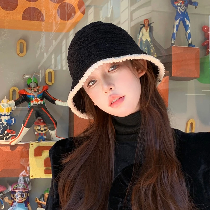 黑色针织毛绒渔夫帽女秋冬季2024新款大头围水桶帽日系显脸小百搭