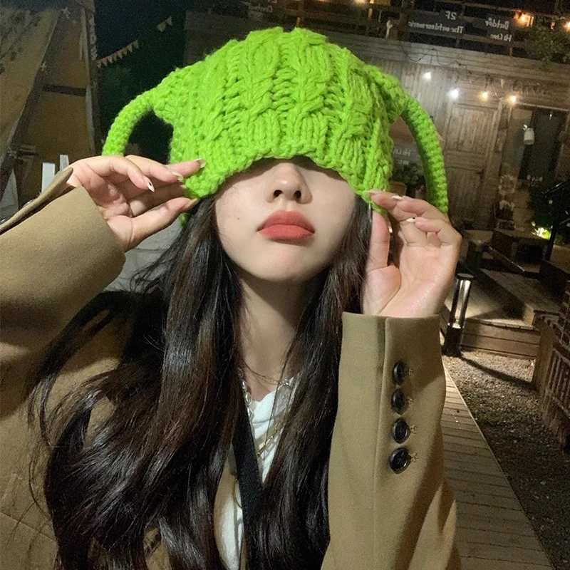 网红同款可爱圆辫触角保暖加厚手工针织毛线帽女秋冬季搞怪包头帽