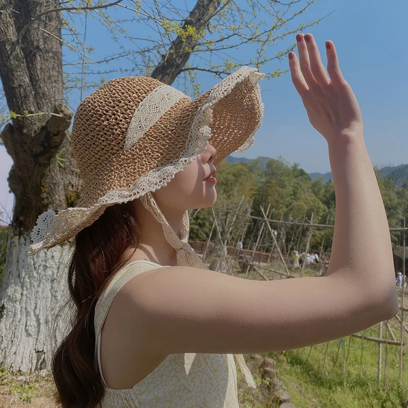 法式蕾丝防晒草帽子女夏季新款海边旅游拍照穿搭太阳草编织遮阳帽