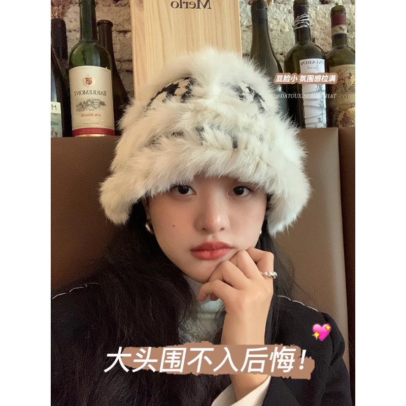 国潮醒狮渔夫帽大脸适合帽子女秋冬新款兔毛水桶帽显脸小毛绒帽子