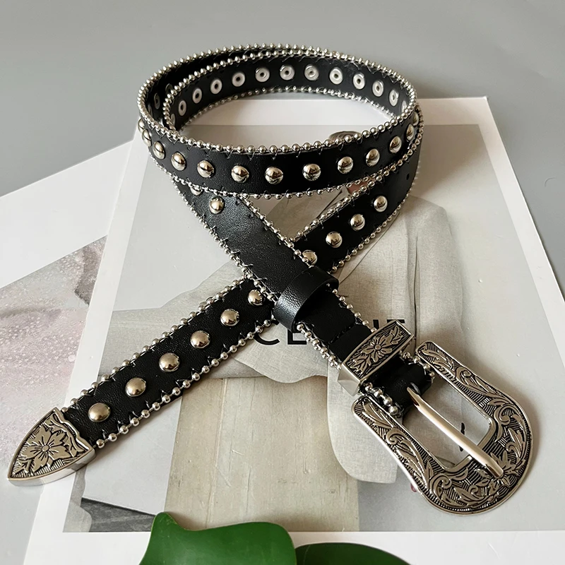 网红ins风黑色腰带女士潮铆钉皮带百搭牛仔裤带简约韩版时尚腰封