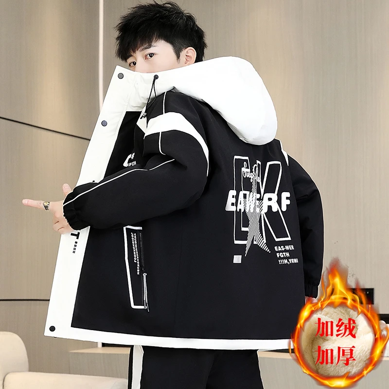 13高中学生加绒加厚外套12岁15胖男孩帅气秋冬装14大童夹克棉衣16