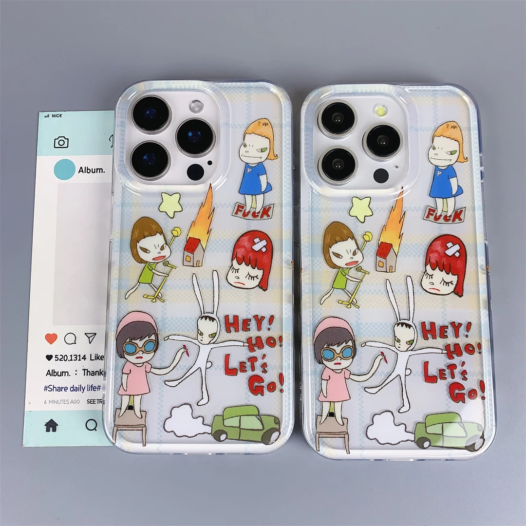 ins卡通奈良美智格纹涂鸦适用苹果15手机壳国风16promax防摔小众