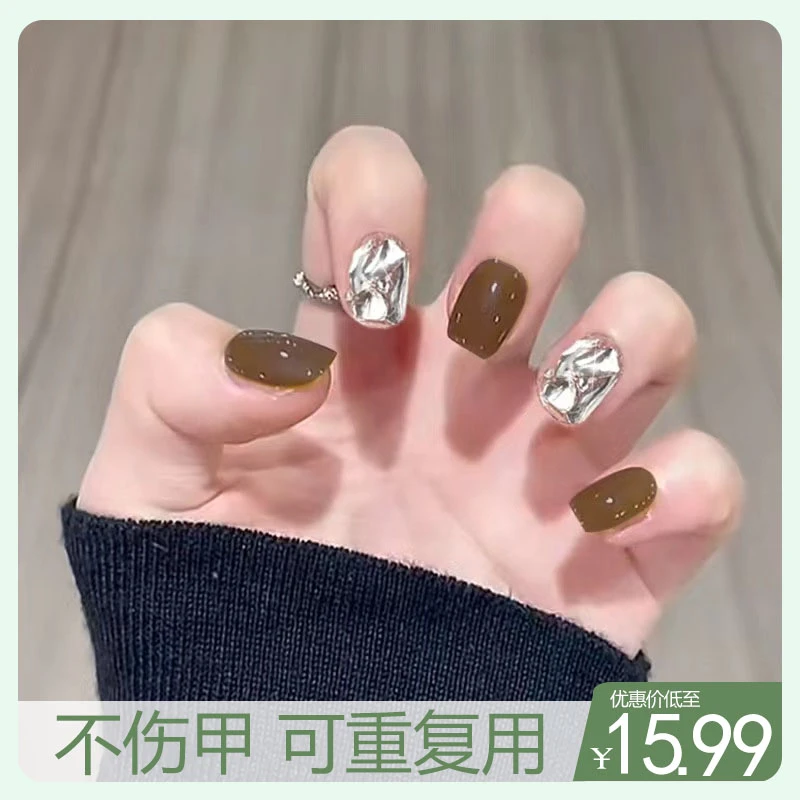 X48初春橄榄绿穿戴甲显白绿色可拆卸美甲直接贴穿戴式美甲气质款