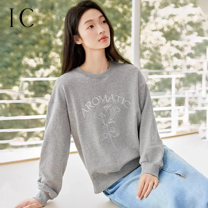 IC 灰色圆领绣花休闲卫衣女2025新款设计休闲宽松高级感上衣通勤