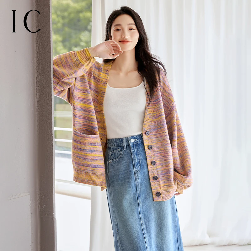 IC 彩色花纱条纹针织衫女2024新款秋季气质宽松休闲舒适慵懒上衣