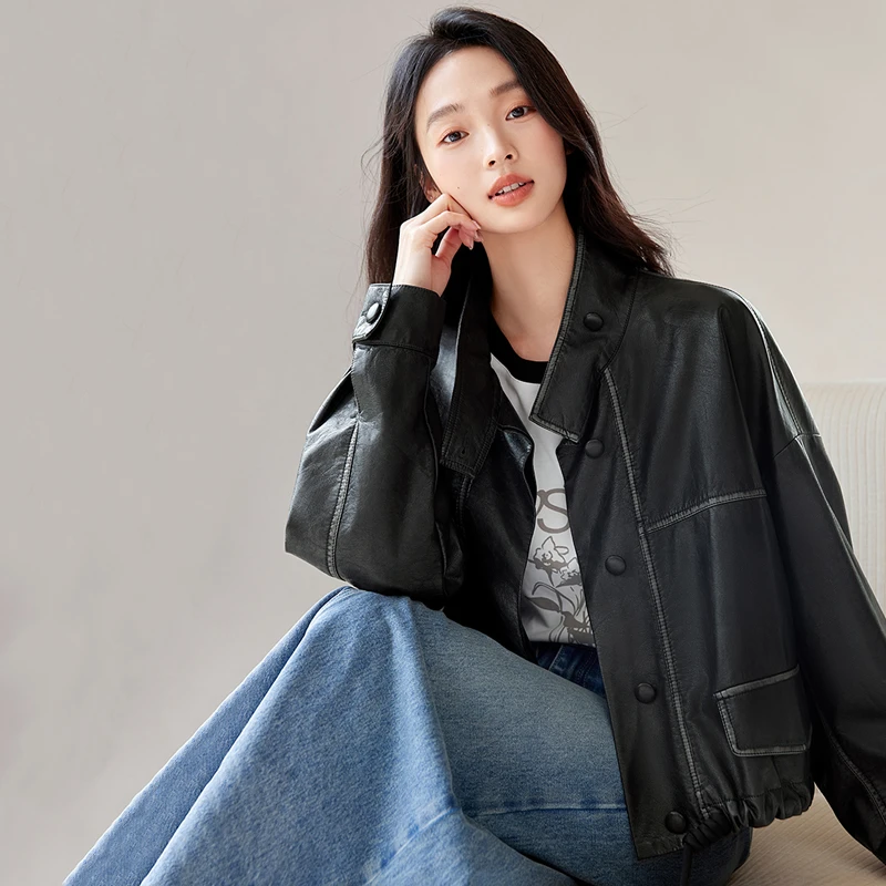 IC 时尚复古直率利落感皮衣2024新款港风气质通勤宽松女上衣