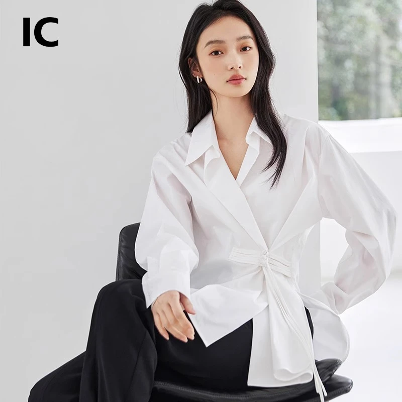 IC女装I2312S018新中式轻国风衬衫收腰长袖外套上衣西装衬衣女