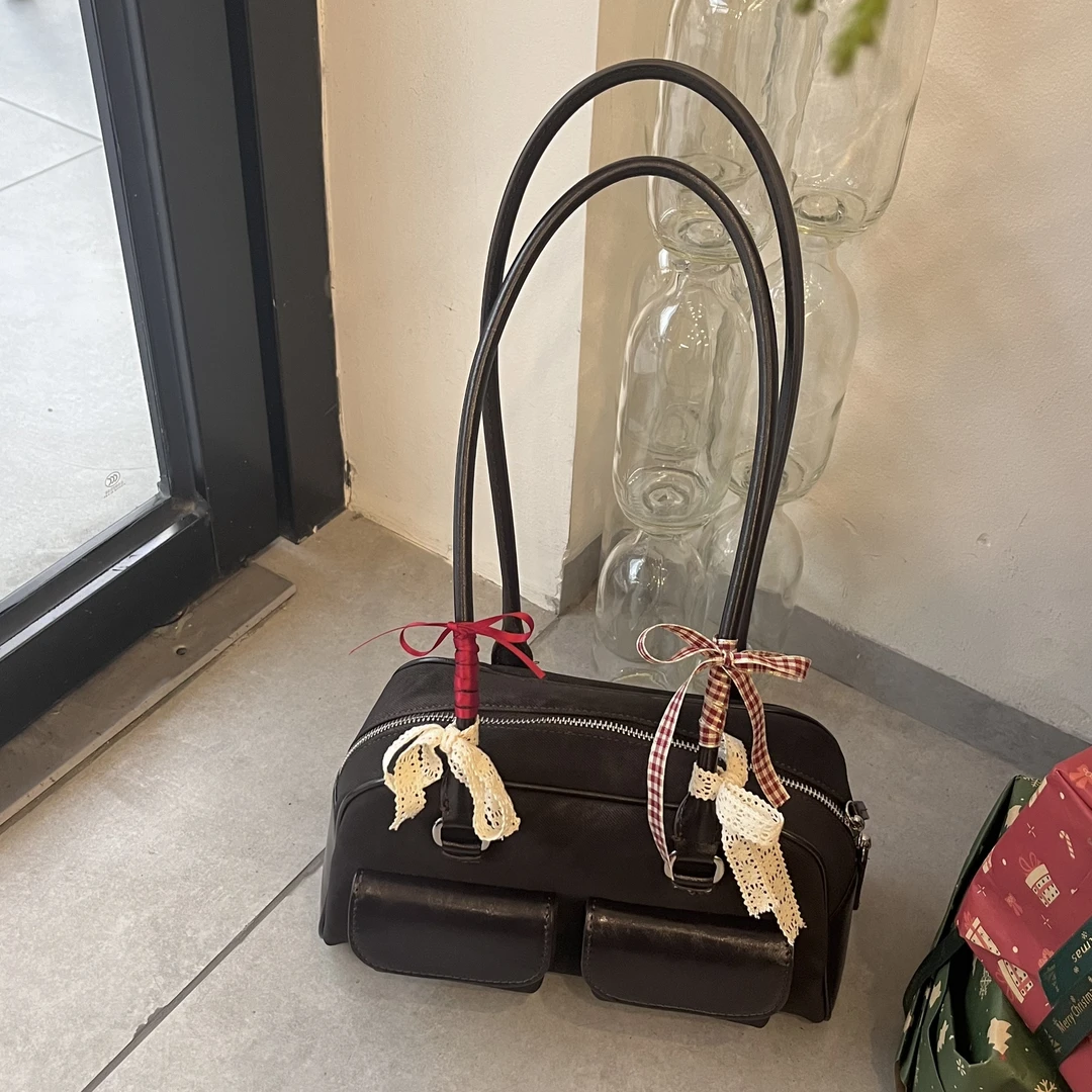 Nora Diary 蝴蝶结单肩腋下保龄球包口袋拼接