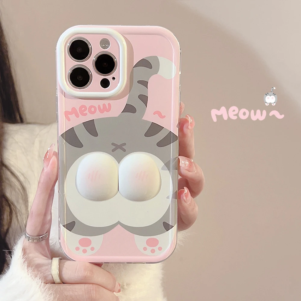 立体可爱猫咪屁屁iPhone14适用15苹果16promax手机壳捏捏小众全包