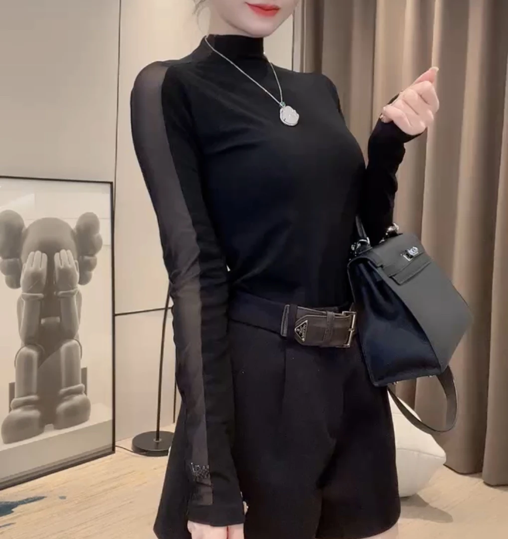 显瘦小高领拼接半蕾丝网袖打底衫【好物推荐】