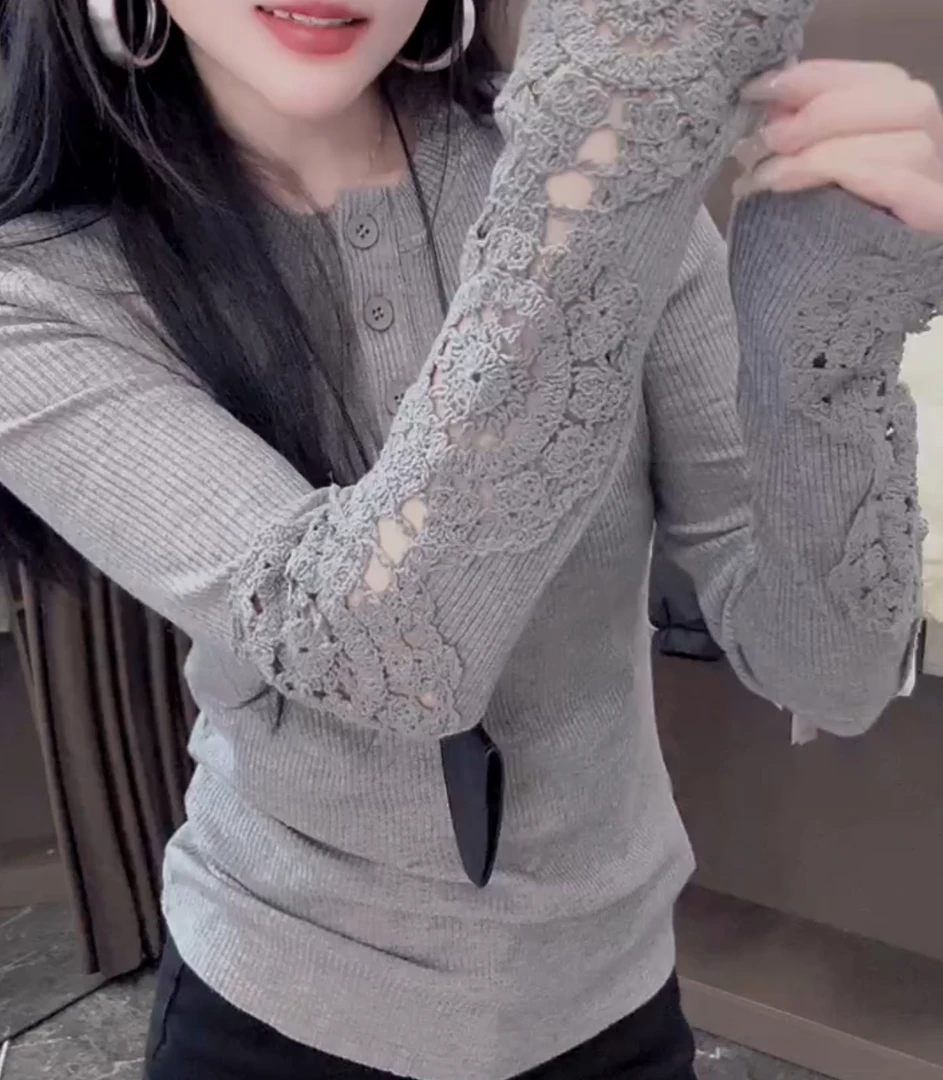圆领蕾丝袖长袖打底衫【实物微色差】