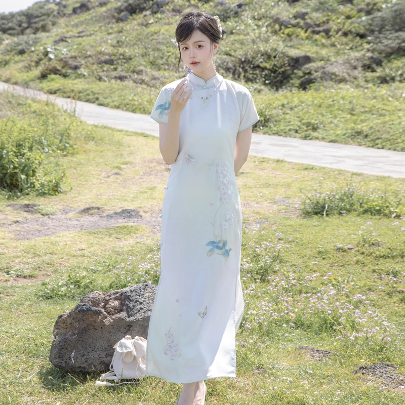 川黛时光:栩栩然民国风全开襟无省蝴蝶兰绣花旗袍女中长款连衣裙