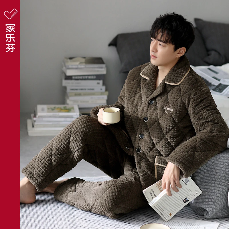 睡衣男士冬天珊瑚绒法兰绒三层加厚超厚夹棉加绒家居服秋冬款冬季