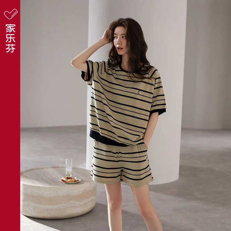 睡衣女莫代尔夏季短袖短裤家居服夏天薄款冰丝条纹休闲可外穿套装