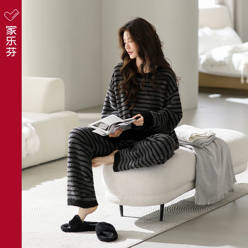 家乐芬睡衣秋冬款女士半边绒大码珊瑚绒家居服套装女冬季加绒加厚