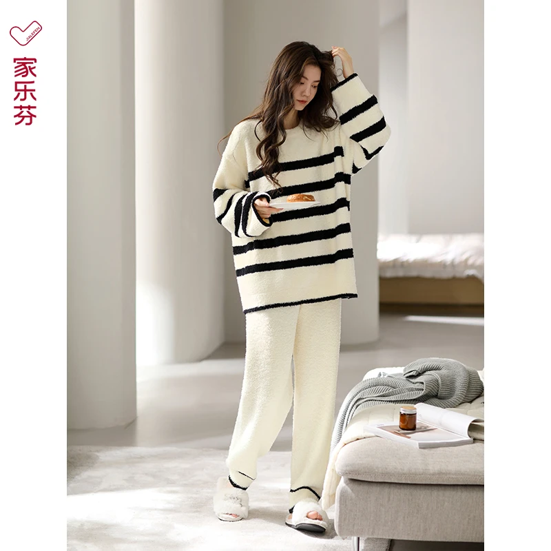 家乐芬睡衣女士秋冬款冬季半边绒软绵绵加厚加绒珊瑚绒家居服套装