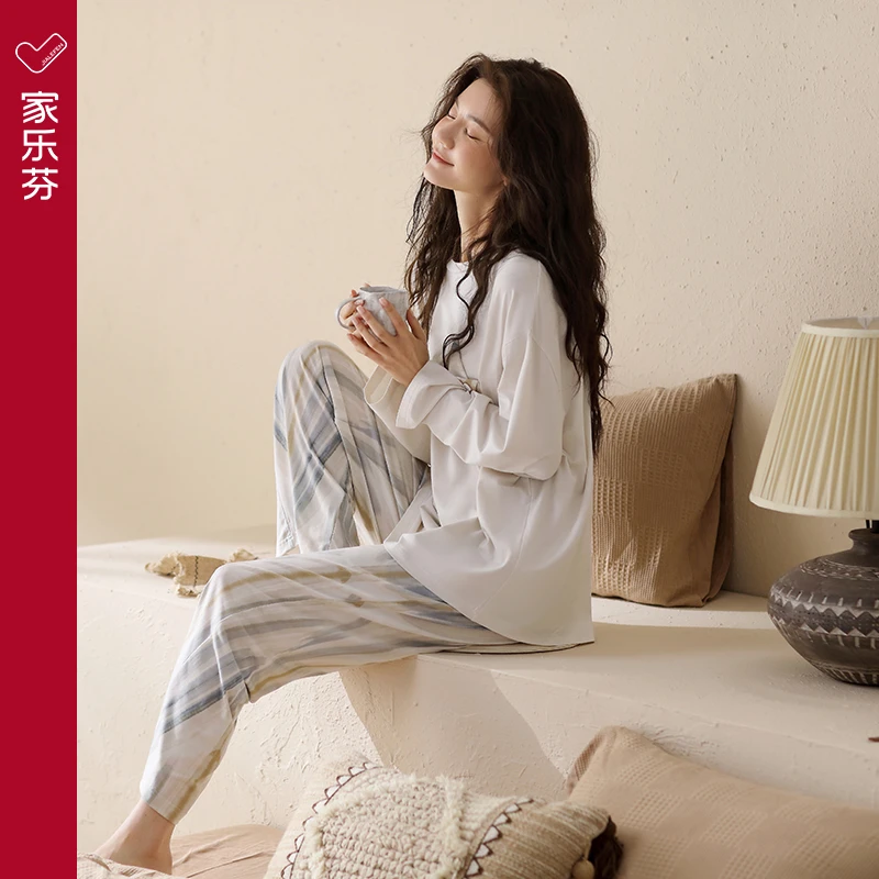 睡衣女春夏款莫代尔长袖家居服春秋款薄款可出门外穿休闲大码套装