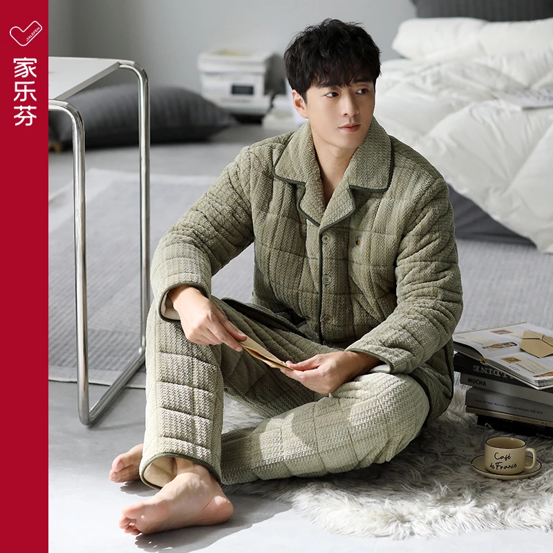 睡衣男士冬季珊瑚绒三层加厚夹棉加绒冬天保暖法兰绒家居服秋冬款