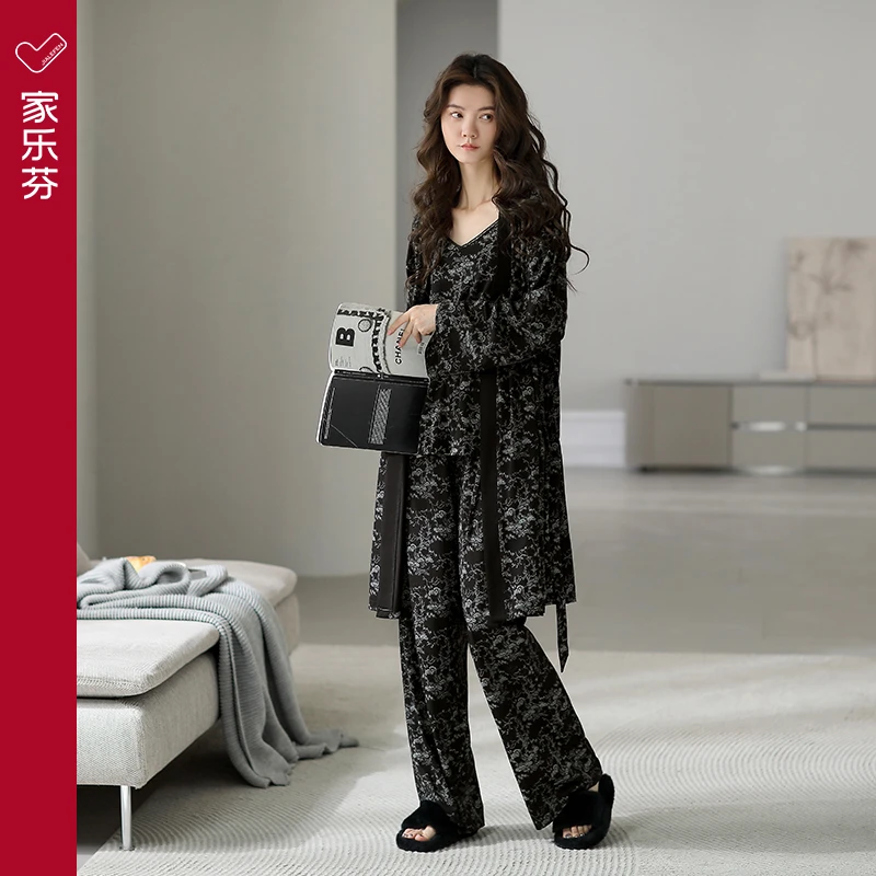 家乐芬睡衣女睡袍春秋款莫代尔长袖高级感复古风长款吊带三件套装