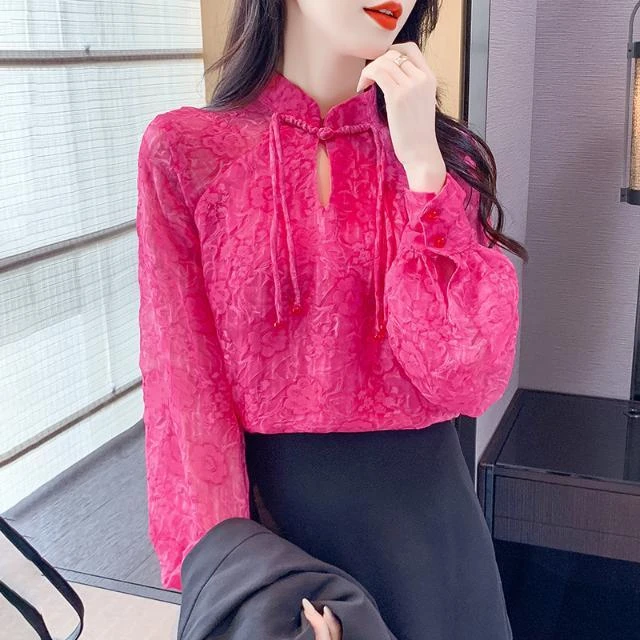 网纱气质打底镂空薄款盘扣压花雪纺衫上衣女2023遮肚子袖衬衫洋气