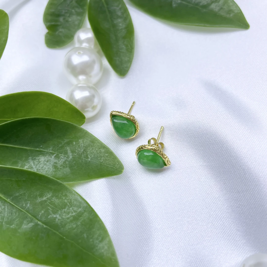 铜合金耳饰 满绿色水滴女款耳钉百搭复古精致小巧中国风耳坠218