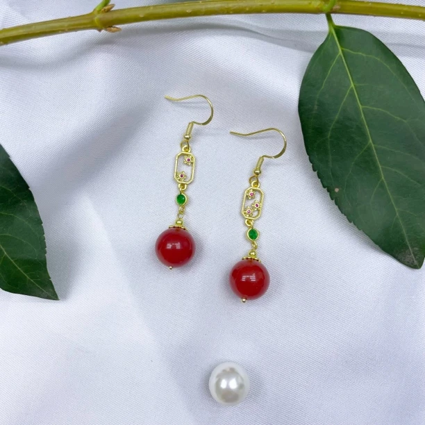 s925银耳钩柿子红色耳坠女款百搭时尚手工饰品民族风新中式简约1