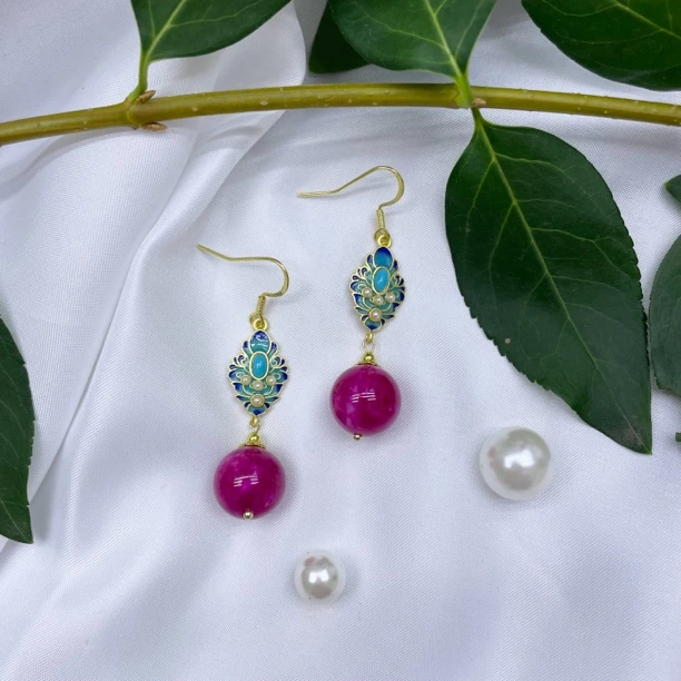 蛇年新款14mm珠玫红色耳坠女款防过敏耳钩百搭新中式复古耳环102