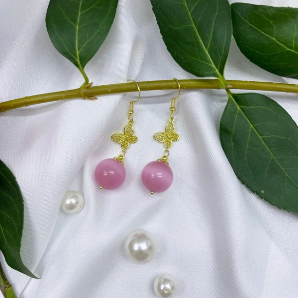 铜合金耳饰 粉色猫猫蝴蝶女款耳环国庆节喜婆婆耳坠百搭复古76