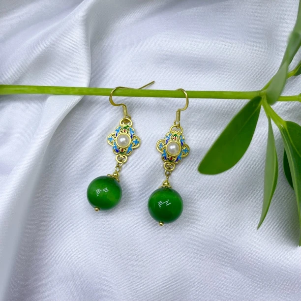 铜合金耳饰 绿色古风猫猫耳坠女款保色防过敏耳钩中国风耳坠118