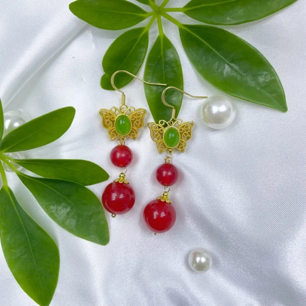 铜合金耳饰 红色圆珠耳坠女款蝴蝶饰品百搭复古耳环243