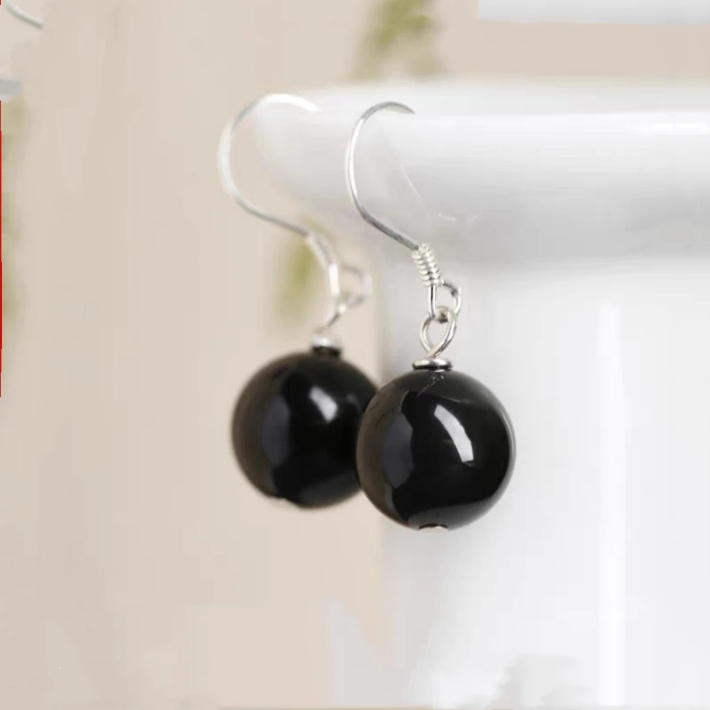 黑曜石玉石耳坠圆珠女款s925通体银耳钩复古百搭新中式小巧精致