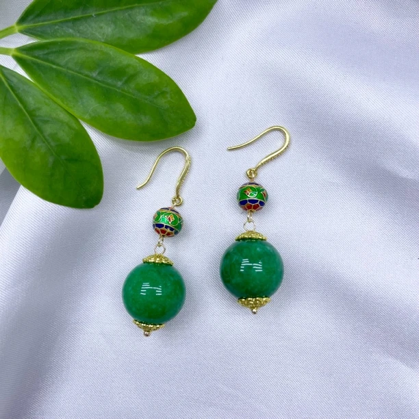 绿色干青色大圆珠耳坠女款保色防过敏耳钩复古耳环港风新中式112