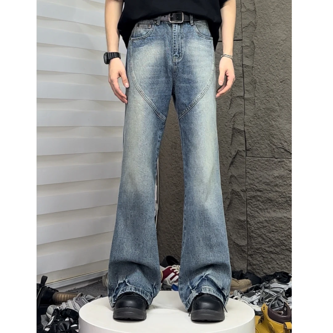 复古裤脚褶皱设计水洗牛仔蓝修身显瘦微喇牛仔裤拼接百搭长裤子男
