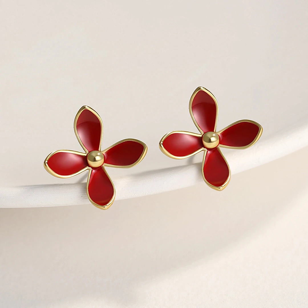 BRI.R/佰色传情 925银耳饰 中国红国风新潮四叶草小巧精致耳钉