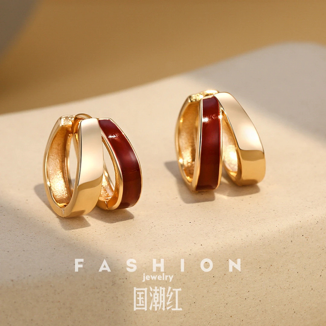 BRI.R/佰色传情 925银珐琅耳饰 复古红拼色双层小耳圈耳扣耳环