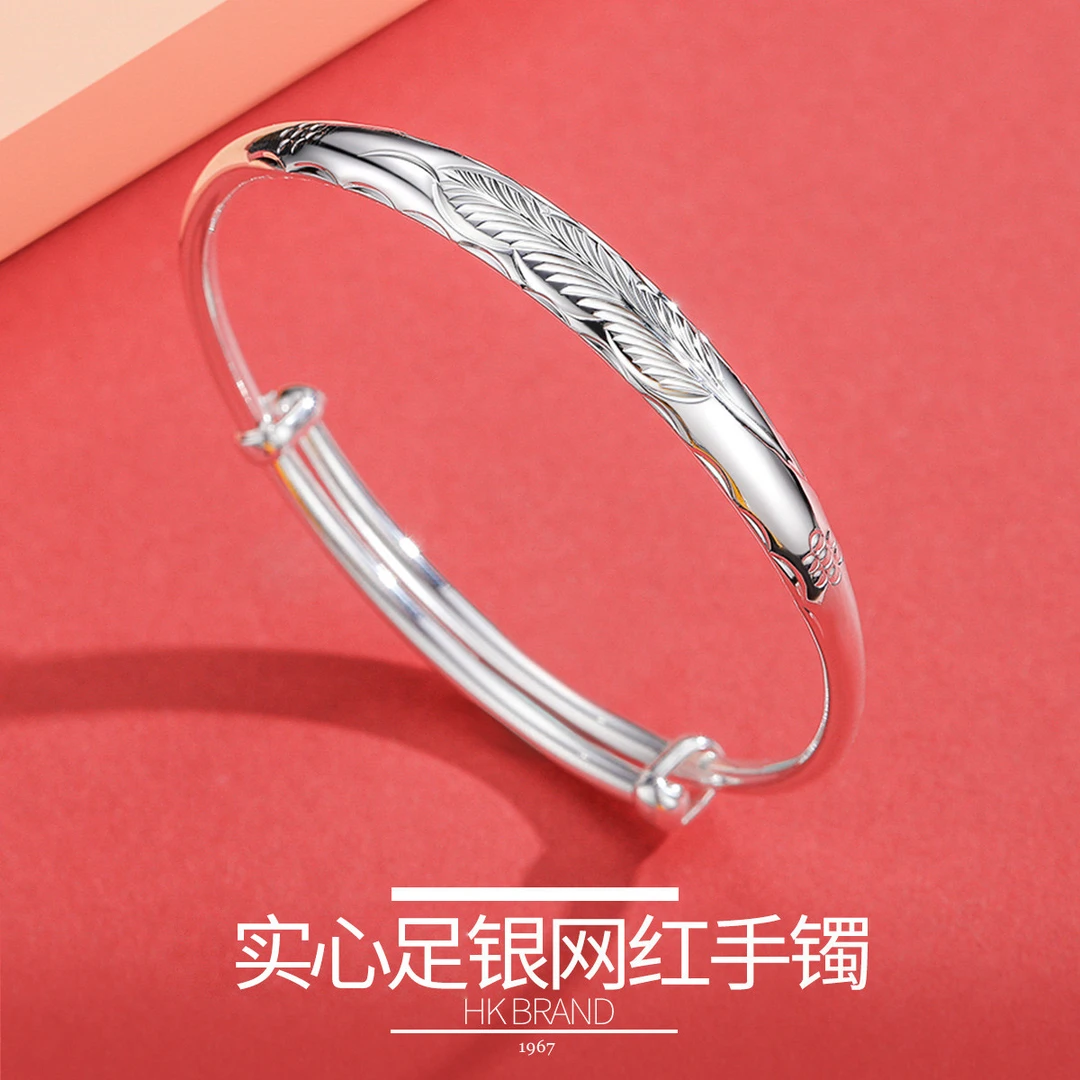 BRI.R/佰色传情 足银手镯 简约实心银饰推拉手环送妈妈婆婆