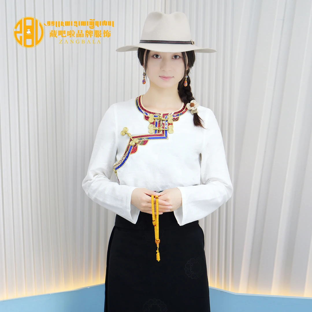 藏吧啦女士高档无领贴秀衬衣长袖民族风藏式女款衬衫新款