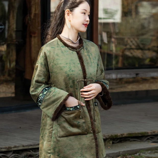 蘭襟【闲看花雨】超重磅缎面香云纱绣花棉衣棉袄国风新中式中长款