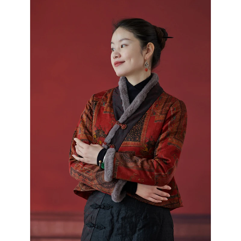蘭襟【万家灯火】重磅提花缎香云纱棉衣棉袄女小上衣复古红色中式
