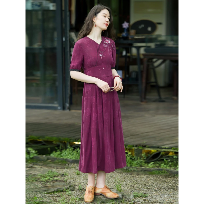 蘭襟【白色山茶】透孔罗缎面香云纱重工绣花连衣裙夏气质紫色设计师