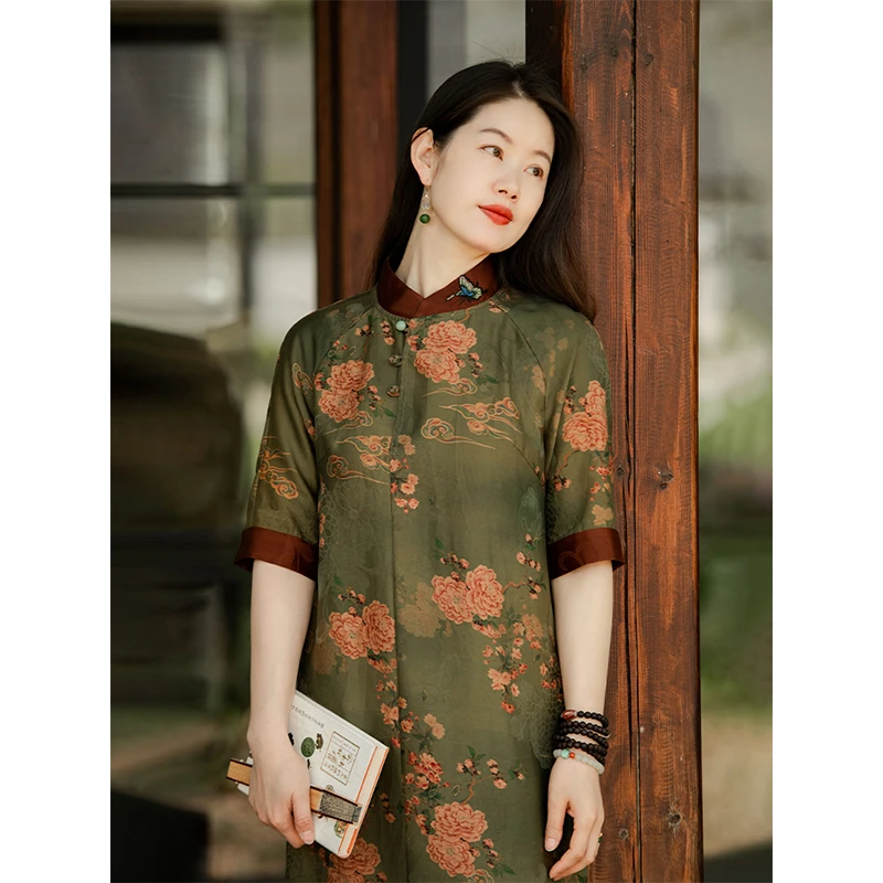 蘭襟【庄周梦蝶四十六】重磅透孔罗缎面香云纱绣花长袍连衣裙新中式