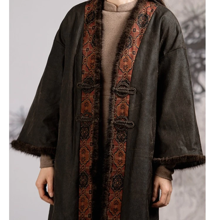 蘭襟【大胡笳二十九】中国风老料加厚冬季真丝香云纱拼色对襟棉袍