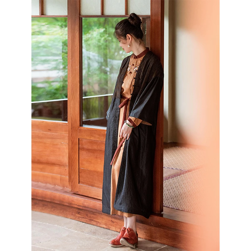 蘭襟【青灯】冠乐绉拼龟纹香云纱盘扣手绣双面穿风衣外套中国风复古