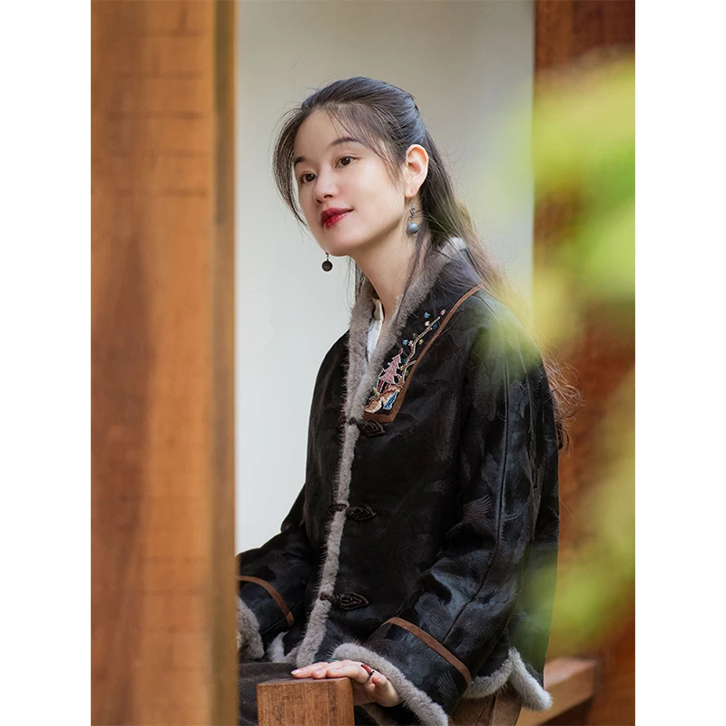 蘭襟【竹影拂阶】提花真丝亚麻香云纱夹羊绒片棉衣女棉袄复古新中式