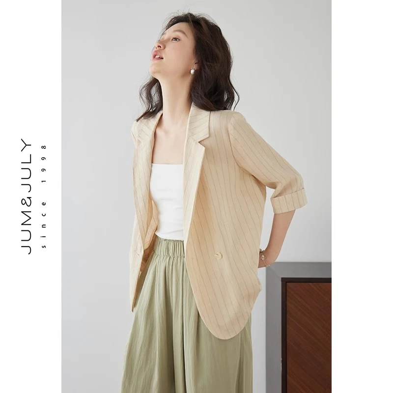嘉茱莉2025年夏季新款七分袖条纹西装外套女通勤休闲西服上衣V919